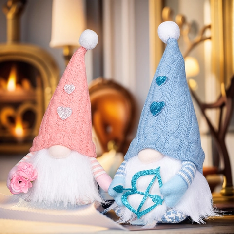 Valentinstag Leuchtender Gnome Plüschpuppe LED Aufleuchten Cupido Herz Pailletten Gestrickter Stoff Gnome Figuren Für Zuhause Deko Geschenke Romantisches Ornament