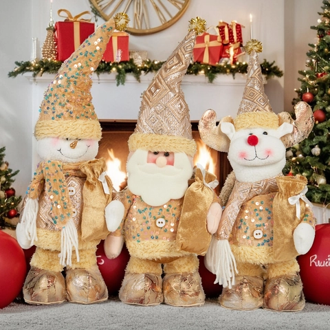 Vintage Gold Sequin Christmas Telescopic Figurines Santa Claus Snowman Reindeer Plush Dolls For Hotel Mall Holiday Decor
