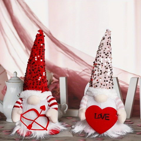 Bambola Gnomo Senza Volto di San Valentino Cappello di Paillettes Cuore Luminoso Ornamento Peluche Tomte Scandinavo Regalo