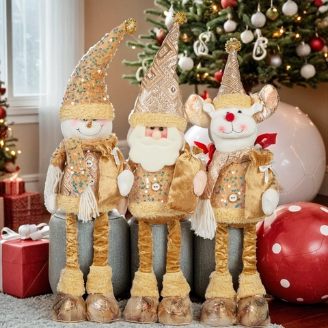 Vintage Gold Sequin Christmas Telescopic Figurines Santa Claus Snowman Reindeer Plush Dolls For Hotel Mall Holiday Decor