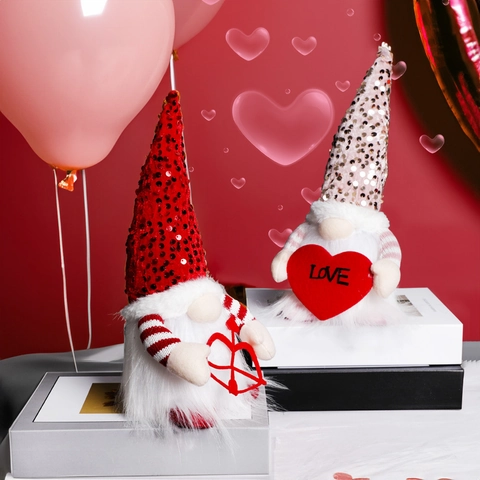 Bambola Gnomo Senza Volto di San Valentino Cappello di Paillettes Cuore Luminoso Ornamento Peluche Tomte Scandinavo Regalo