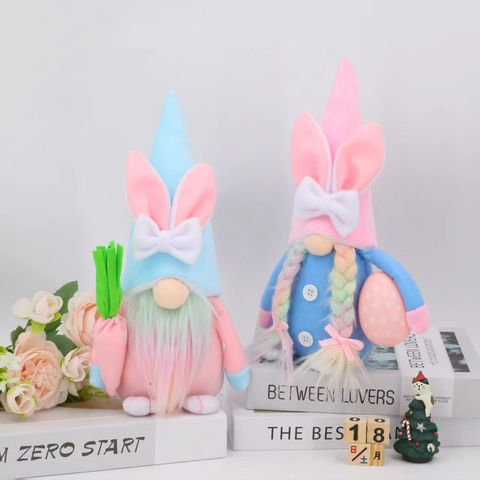 Gnomo di Pasqua Peluche Bambola Senza Volto Orecchie da Coniglio Carota Uova Colorate Ornamento da Tavolo per Festa Casa