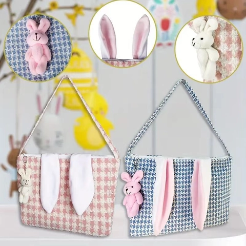 Easter Bunny Tote Bags Houndstooth Pattern Plush Ears Gift Basket Candy Storage Bag For Holiday Party Decoration Gifts