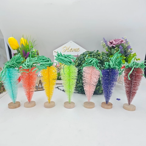 Ostern Karottenförmige Sisal Flaschenbürste Baum Ornamente Mit Holzsockel Bunte Frühling Urlaub Desktop Dekoration Für Haus Party