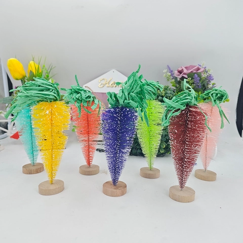 Ostern Karottenförmige Sisal Flaschenbürste Baum Ornamente Mit Holzsockel Bunte Frühling Urlaub Desktop Dekoration Für Haus Party