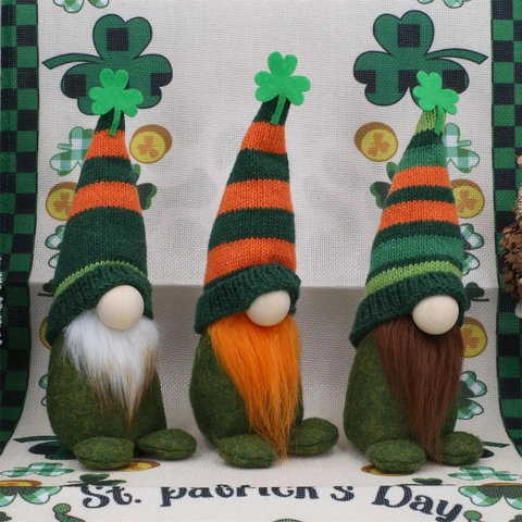 St Patrick's Day Gnom Dekoration Kleeblatt Grün Orange Gestreifter Hut Handgemachter Schwedischer Tomte Leprechaun Plüsch