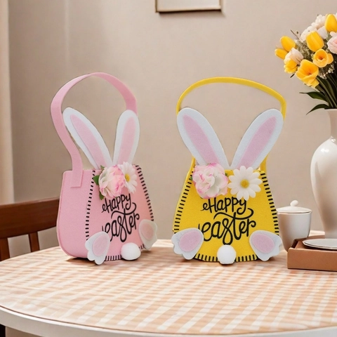 Easter Bunny Felt Basket Gift Bag With Rabbit Ears And Flower Decor Happy Easter Candy Handbag For Party Decorations