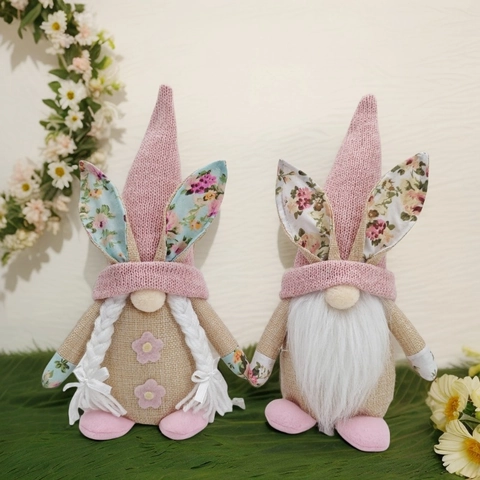 Easter Bunny Ears Gnome Plush Ornament Handmade Faceless Rudolph Doll Pink Floral Rustic Decoration For Home Holiday Gift