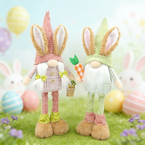Pascua Gnomo Conejo Peluche Decoración Pierna Larga Retráctil Gingham Muñeca Sin Rostro Para Hogar Primavera Fiesta Ornamento