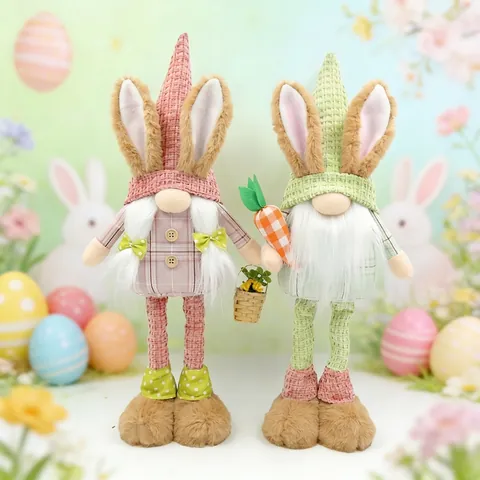 Pascua Gnomo Conejo Peluche Decoración Pierna Larga Retráctil Gingham Muñeca Sin Rostro Para Hogar Primavera Fiesta Ornamento