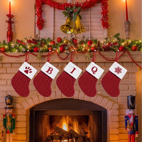 Mini Knitted Christmas Stocking Ornament Red White Alphabet Initial Rustic Xmas Hanging Decoration For Christmas Tree Party
