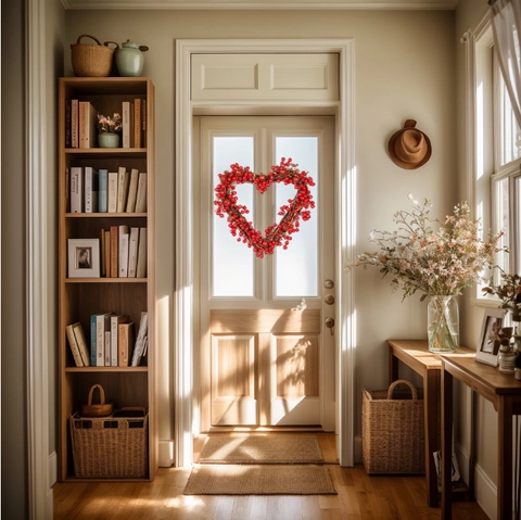 Ghirlanda a Cuore di Bacche Rosse Natale San Valentino Bacche Artificiali Palline Glitter Base in Rattan Decorazione