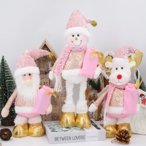 Rosa Goldene Weihnachts Teleskop Stoffpuppe Weihnachtsmann Schneemann Rentier Mit Musik LED Pailletten Dekoration Haus Party