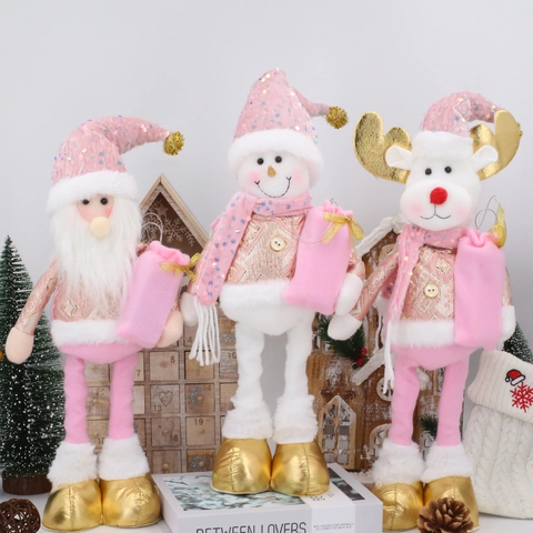 Rosa Goldene Weihnachts Teleskop Stoffpuppe Weihnachtsmann Schneemann Rentier Mit Musik LED Pailletten Dekoration Haus Party