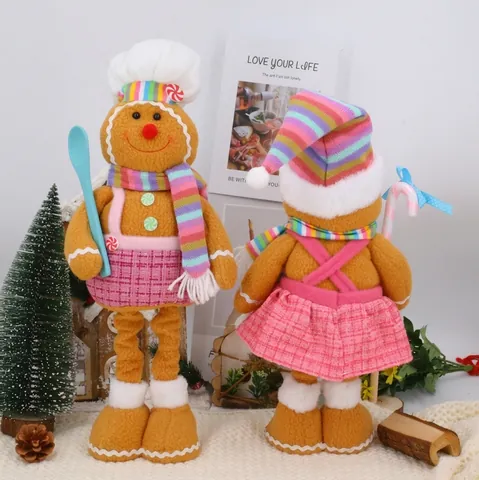 Christmas Telescopic Gingerbread Man Plush Doll Ornament Rainbow Scarf Pink Plaid Skirt For Home Window Decoration Gift