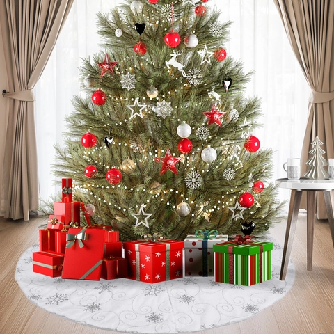 White Christmas Tree Skirt Silver Snowflake Decor Large Round Xmas Tree Base Cover Festive Plush Holiday Party Home Ornament