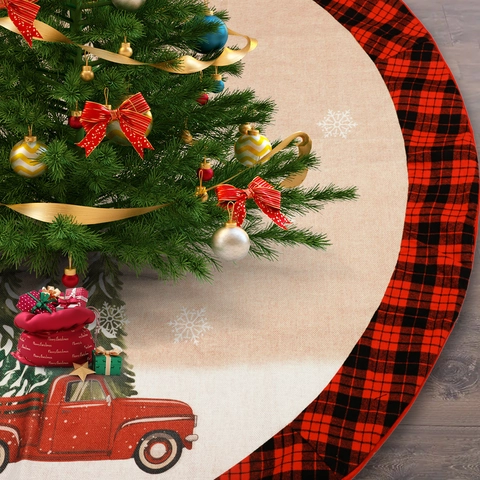 Christmas Tree Skirt Round Buffalo Plaid Red Truck Snowflake Print Fabric Xmas Tree Mat For Holiday Home Party Decoration