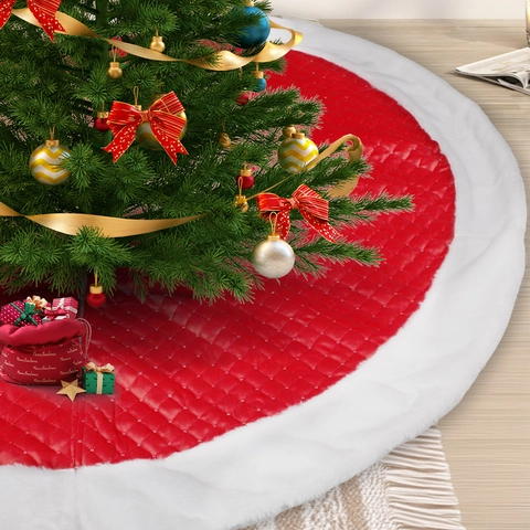 Grande Jupe de Sapin de Noël Ronde en Tissu Matelassé Avec Bordure en Fausse Fourrure Blanche Pour Décoration Maison