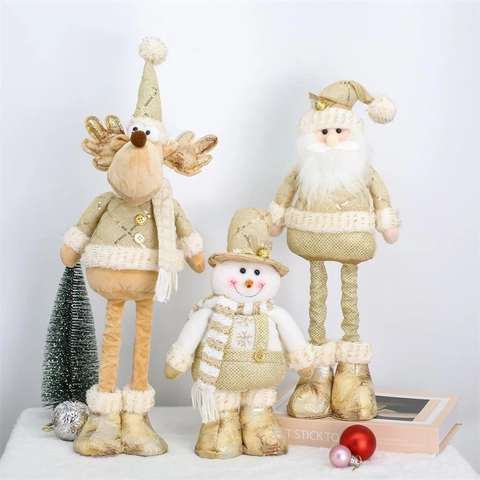 Nordic Goud Lovertjes Kerst Pluche Pop Telescopische Poten Kerstman Sneeuwpop Rendier Staande Beeldje Voor Huis Decor