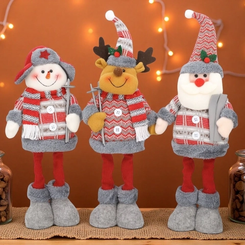Muñeco de Navidad Telescópico de Pie Papá Noel Muñeco de Nieve Reno Tela de Cuadros Estilo Nórdico Figurita de Peluche