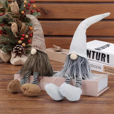 Gnomo de Navidad de Felpa Hecho a Mano Decoración Gorro de Punto Piernas Largas Elfo del Bosque Nórdico Muñeco Tomte para Hogar