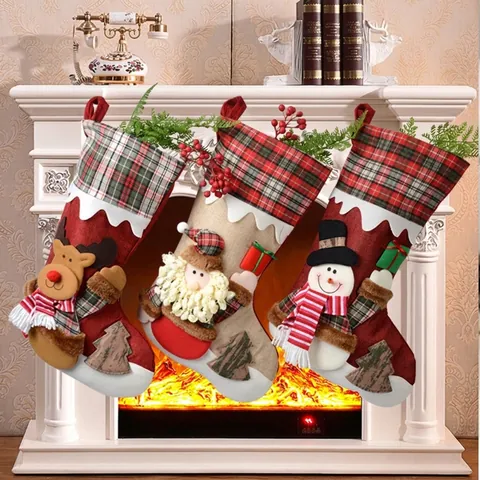 Karierter Weihnachtssocken Mit Weihnachtsmann Schneemann Rentier Applikation Kamin Dekor Große Feiertag Geschenktüte Hängende Dekoration