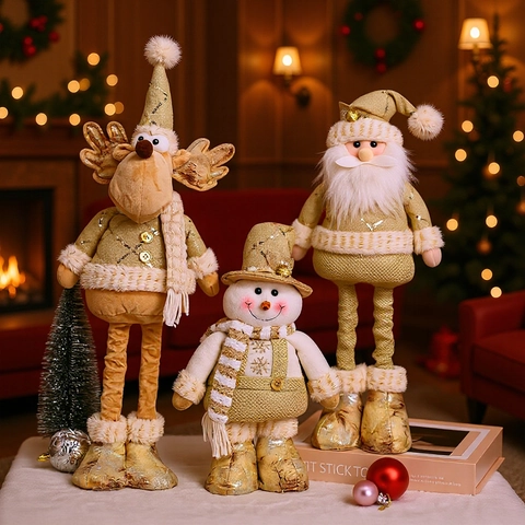 Nordic Goud Lovertjes Kerst Pluche Pop Telescopische Poten Kerstman Sneeuwpop Rendier Staande Beeldje Voor Huis Decor