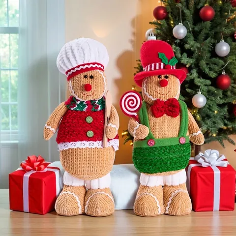Muñeco de Peluche de Hombre de Jengibre de Navidad de Punto Adornos Sombrero de Chef y Sombrero de Copa Decoración