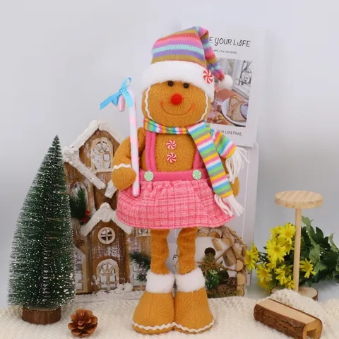 Christmas Telescopic Gingerbread Man Plush Doll Ornament Rainbow Scarf Pink Plaid Skirt For Home Window Decoration Gift