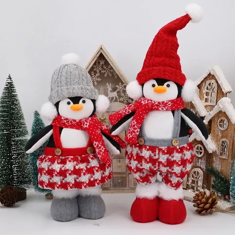 Weihnachten Pinguin Gnom Plüsch Ornament Teleskopbeine Stehende Puppe Rot Grau Kariertes Kostüm Xmas Haus Dekoration