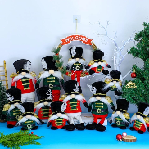 Handmade Christmas Nutcracker Gnome Plush Ornament Soldier Figurine With Feather Hat Gold Buttons For Holiday Home Decor