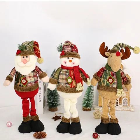 Kerstmis Pluche Pop met Lange Benen Kerstman Sneeuwpop Rendier Figuur Geruite Stof Kerst Tafel Ornament Vakantie Feest Huis Decoratie