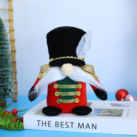 Ornamento Peluche Gnomo Schiaccianoci di Natale Fatto a Mano Statuetta Soldato Con Cappello di Piume Bottoni Oro