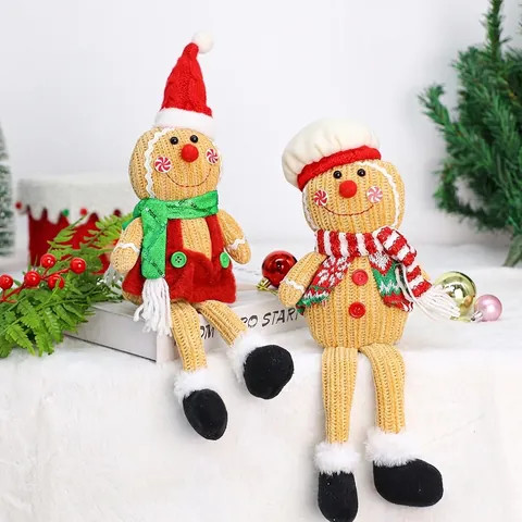 Weihnachten Lebkuchenmann Plüschpuppe Koch Rote Mütze Gestrickter Stoff Lange Beine Ornamente Für Zuhause Party Dekor