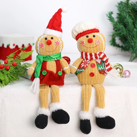 Weihnachten Lebkuchenmann Plüschpuppe Koch Rote Mütze Gestrickter Stoff Lange Beine Ornamente Für Zuhause Party Dekor