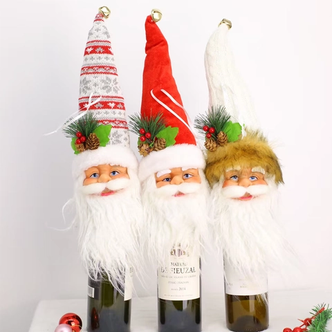 Santa Claus Wine Bottle Cover Polyester Fabric Christmas Decoration Table Ornament Xmas Tree Topper Hanging Gift For Holiday Party Home Decor