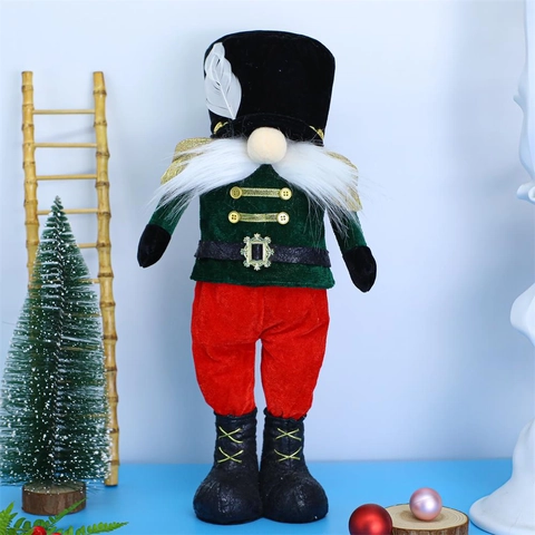 Handmade Christmas Nutcracker Gnome Plush Ornament Soldier Figurine With Feather Hat Gold Buttons For Holiday Home Decor