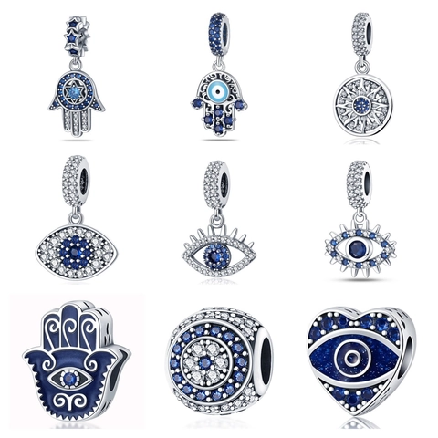 Charms de Aleación Plateada Ojo Turco Mano de Fátima para Creación de Pulseras Collares DIY Colgante de Estrás Azul Blanco Accesorios de Joyería