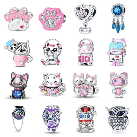 Silver Plated Copper Enamel Animal Charms Cute Cat Owl Paw Heart Beads For DIY Bracelet Necklace Women Fashion Jewelry Gift
