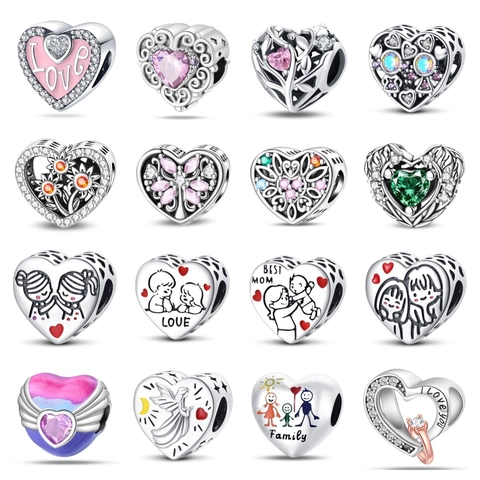 Heart Shaped Silver Plated Charms For DIY Bracelet Making Life Tree Family Sunflower Angel Enamel Rhinestone Beads For Women Jewelry Accessories