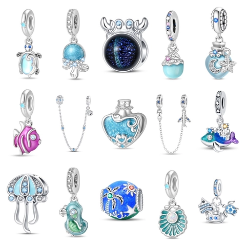 Ocean Series Blue Jellyfish Seahorse Turtle Whale Charms Silver Plated Drip Oil Enamel Rhinestone DIY Beads For Bracelet Jewelry Making Women Accessory