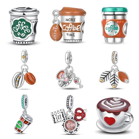 Coffee Theme DIY Charms Beads For Bracelet Making Copper Silver Plated Enamel Coffee Cup Bean Candy Pendants Women Jewelry Findings