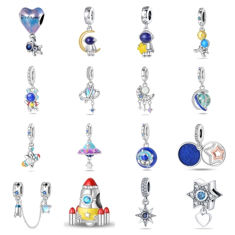 Silver Plated Copper Space Astronaut Rocket UFO Planet Moon Star Charms Enamel Rhinestone DIY Jewelry Making Beads Accessories