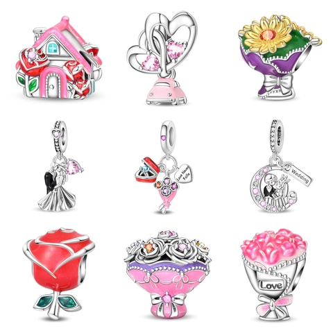 Silver Plated Copper Romantic Wedding Charm Beads Flower House Heart Car Cubic Zirconia Enamel DIY Jewelry Accessories For Women Bracelet