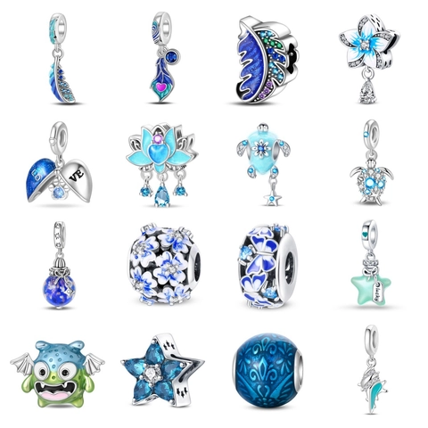Silver Plated Blue Enamel Feather Sea Turtle Conch Charm Beads Sparkling Zirconia DIY Jewelry Pendant For Bracelet Making Fashion Women Charm