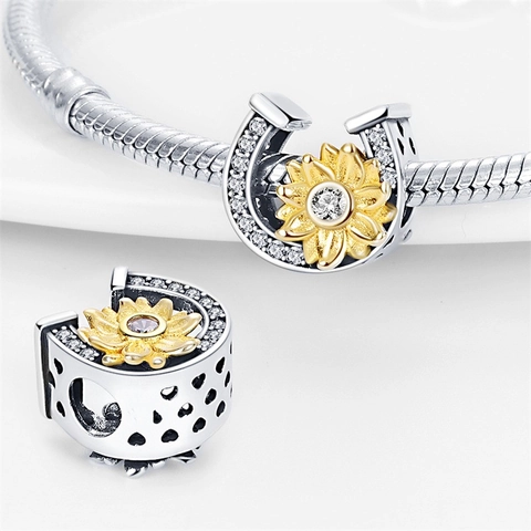 Silver Plated Sunflower Horseshoe Charms Rhinestone Enamel Beads For DIY Bracelet Necklace Making Women Jewelry Accessories