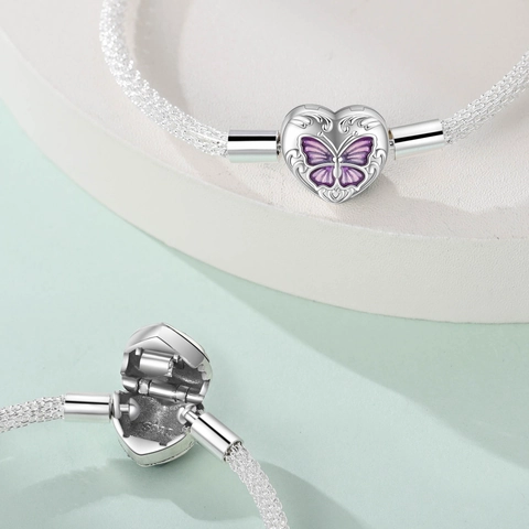 Silver Plated Copper Mesh Chain Bracelet Original Design Butterfly Crown Heart Clasp Rhinestone Enamel Bracelet For Women Fashion Jewelry