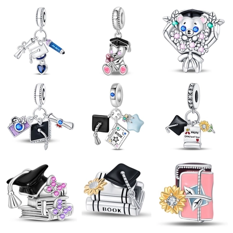 Silver Plated Graduation Series Charms Bear Sunflower Academic Cap Pendant Rhinestone Drip Oil DIY Jewelry Beads For Women