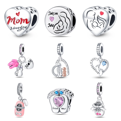 Charm del Día de la Madre de Plata Corazón Huella de Bebé Colgante Cuentas Bricolaje Joyería Pulsera Accesorios Regalo Mujer