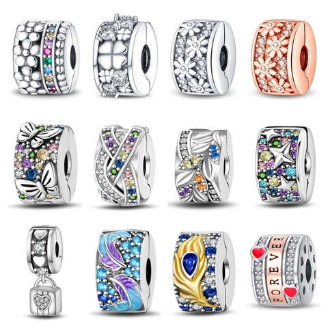 Silver Plated DIY Charm Clip For Bracelets Rhinestone Enamel Clover Feather Heart Design Jewelry Making Spacer Bead For Women